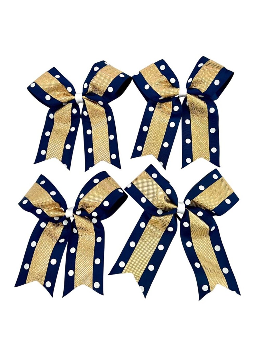 Cheer Hair Bows 7" Polka Dot Navy Blue & Gold Set Of 4 Ponytail Elastic